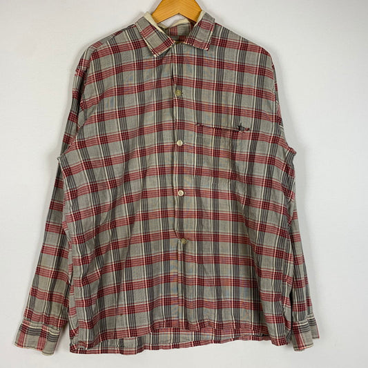 【現状渡し品】【メンズ】 MANHATTAN マンハッタン OPENCOLLAR CHECK SHIRT VINTAGE オープンカラー チェック シャツ トップス 長袖 ヴィンテージ 145-260510-ko-06-tei サイズ：L カラー：レッド 万代Net店