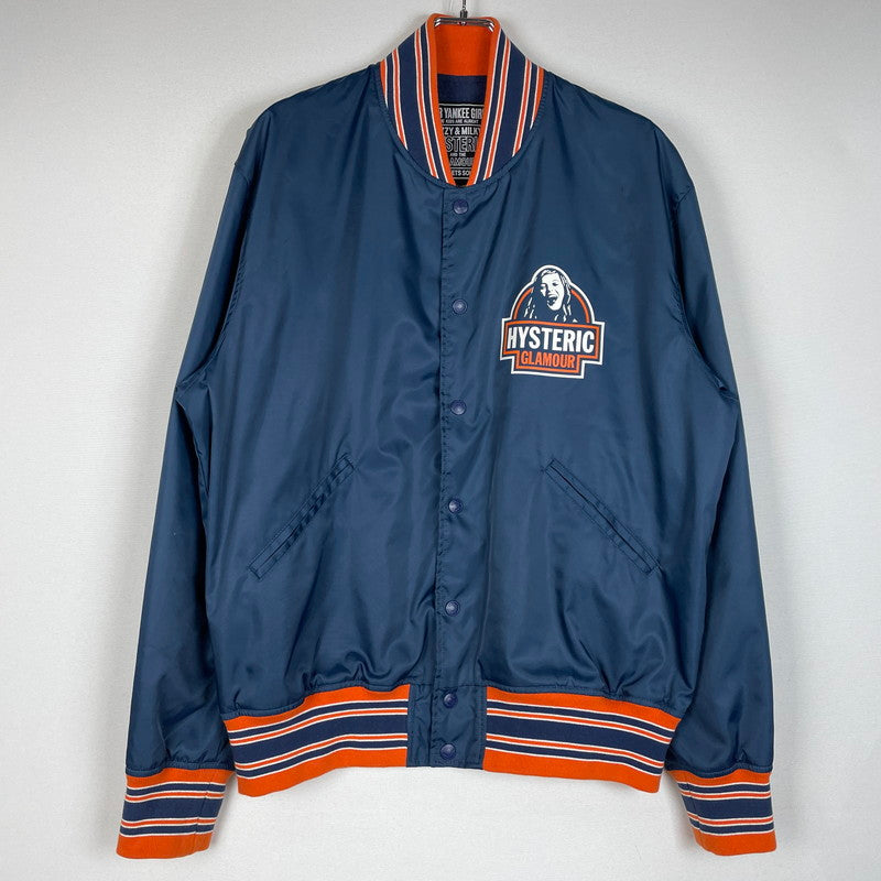 【中古品】【メンズ】 HYSTERIC GLAMOUR ヒステリックグラマー MAKE ME SMILE STUDIUM JACKET 02233AB10 メイクミースマイル スタジアムジャケット ライトアウター スタジャン 140-260603-ss-08-tei サイズ：XL カラー：ネイビー 万代Net店