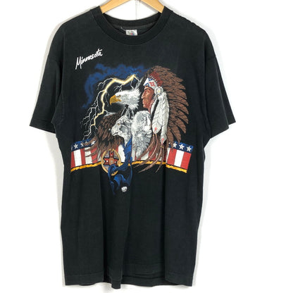 【中古品】【メンズ】 FRUIT OF THE LOOM フルーツ オブ ザ ルーム 90's NATIVE INDIAN PRINT TEE ネイティブ インディアン プリント Ｔシャツ 半袖 トップス 145-260711-sa-04-tei サイズ：L カラー：ブラック 万代Net店