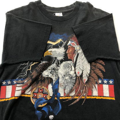 【中古品】【メンズ】 FRUIT OF THE LOOM フルーツ オブ ザ ルーム 90's NATIVE INDIAN PRINT TEE ネイティブ インディアン プリント Ｔシャツ 半袖 トップス 145-260711-sa-04-tei サイズ：L カラー：ブラック 万代Net店