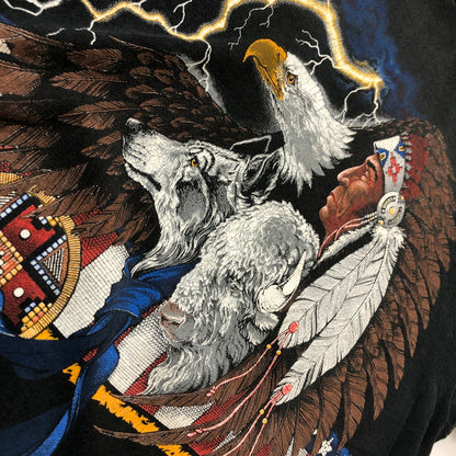 【中古品】【メンズ】 FRUIT OF THE LOOM フルーツ オブ ザ ルーム 90's NATIVE INDIAN PRINT TEE ネイティブ インディアン プリント Ｔシャツ 半袖 トップス 145-260711-sa-04-tei サイズ：L カラー：ブラック 万代Net店