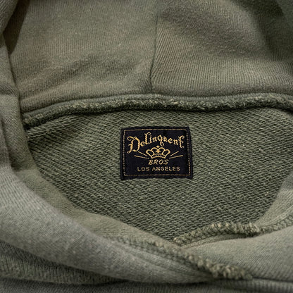 【中古品】【メンズ】 DELINQUENT BROS デリンクエントブロス TYPE 40's DAMAGE HOODIE 40年タイプ ダメージ フーディ 長袖 トップス プルオーバーパーカー 140-260606-yo-18-tei サイズ：S カラー：グリーン 万代Net店