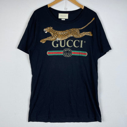 【中古品】【メンズ】 GUCCI グッチ 18SS LEOPARD VINTAGE LOGO PRINT EMBROIDERY TEE 493117-X9X96 レオパード ヴィンテージロゴ プリント エンブロイダリー Tシャツ 半袖 141-260612-yo-09-tei サイズ：XS カラー：ブラック 万代Net店