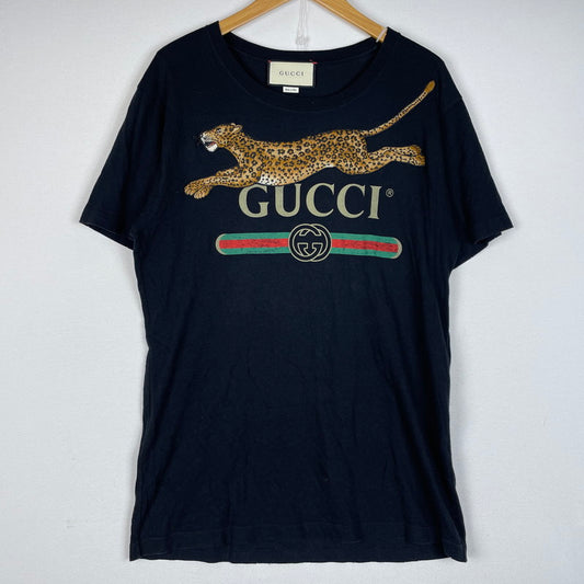 【中古品】【メンズ】 GUCCI グッチ 18SS LEOPARD VINTAGE LOGO PRINT EMBROIDERY TEE 493117-X9X96 レオパード ヴィンテージロゴ プリント エンブロイダリー Tシャツ 半袖 141-260612-yo-09-tei サイズ：XS カラー：ブラック 万代Net店