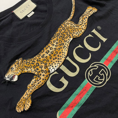 【中古品】【メンズ】 GUCCI グッチ 18SS LEOPARD VINTAGE LOGO PRINT EMBROIDERY TEE 493117-X9X96 レオパード ヴィンテージロゴ プリント エンブロイダリー Tシャツ 半袖 141-260612-yo-09-tei サイズ：XS カラー：ブラック 万代Net店