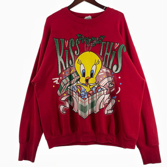 【中古品】【メンズ】 LOONEY TUNES ルーニー テューンズ 90’s SWEAT SHIRT "KISS THIS TWEETY" 90年代 スウェット シャツ キス ディス トュイーティー 長袖 トップス トレーナー 145-260808-sa-04-tei サイズ：不明 カラー：レッド 万代Net店