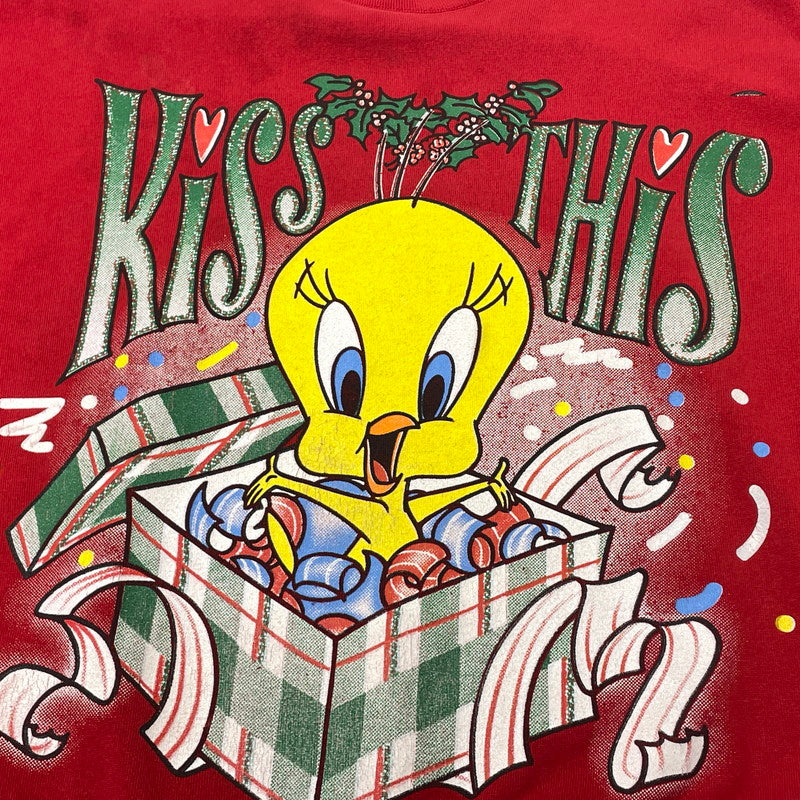 【中古品】【メンズ】 LOONEY TUNES ルーニー テューンズ 90’s SWEAT SHIRT "KISS THIS TWEETY" 90年代 スウェット シャツ キス ディス トュイーティー 長袖 トップス トレーナー 145-260808-sa-04-tei サイズ：不明 カラー：レッド 万代Net店