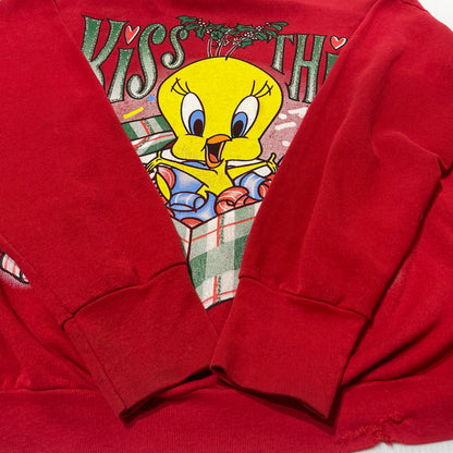 【中古品】【メンズ】 LOONEY TUNES ルーニー テューンズ 90’s SWEAT SHIRT "KISS THIS TWEETY" 90年代 スウェット シャツ キス ディス トュイーティー 長袖 トップス トレーナー 145-260808-sa-04-tei サイズ：不明 カラー：レッド 万代Net店