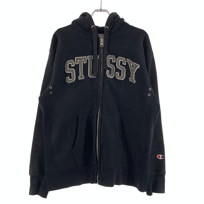 【現状渡し品】【メンズ】 STUSSY ステューシー × Champion チャンピオン 別注 コラボ WIND STOPPER ZIP HOODIE C8-A124 ウィンド ストッパー ジップフーディー トップス フルジップパーカー 142-260629-ko-08-tei サイズ：XL カラー：ブラック 万代Net店
