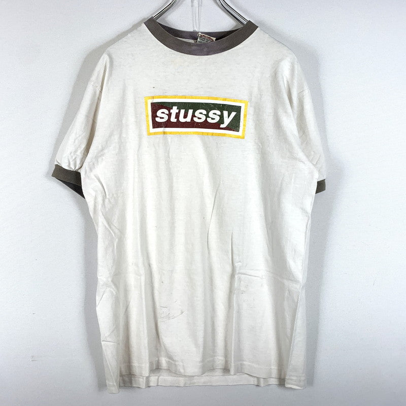 【現状渡し品】【メンズ】 STUSSY ステューシー 80～90's BOX LOGO SS RINGER TEE VINTAGE 80～90年代 ボックスロゴ ショートスリーブ リンガー Tシャツ 半袖 トップス ヴィンテージ 142-260707-yo-02-tei サイズ：S カラー：ホワイト 万代Net店