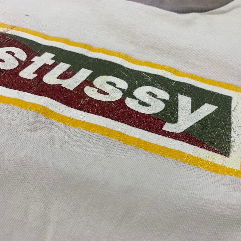 【現状渡し品】【メンズ】 STUSSY ステューシー 80～90's BOX LOGO SS RINGER TEE VINTAGE 80～90年代 ボックスロゴ ショートスリーブ リンガー Tシャツ 半袖 トップス ヴィンテージ 142-260707-yo-02-tei サイズ：S カラー：ホワイト 万代Net店