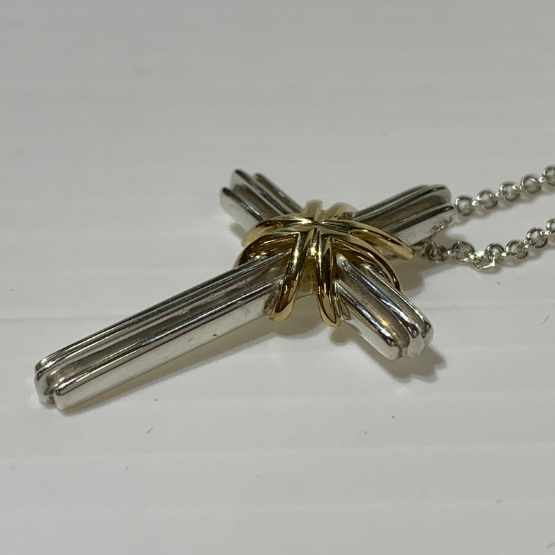 【中古品】【メンズ/レディース】 Tiffany & Co. ティファニーアンドコー K18 SV925 コンビ シグネチャー クロス ペンダント ネックレス チェーン 182-260710-ko-08-tei カラー：シルバー/ゴールド 万代Net店