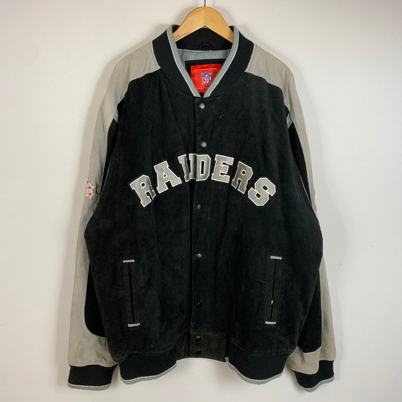 【現状渡し品】【メンズ】 NFL エヌエフエル RAIDERS SUEDE LEATHER STADIUM JACKET ライダース スウェードレザー スタジャン アウター 145-260710-sa-16-tei サイズ：XXL カラー：ブラック 万代Net店
