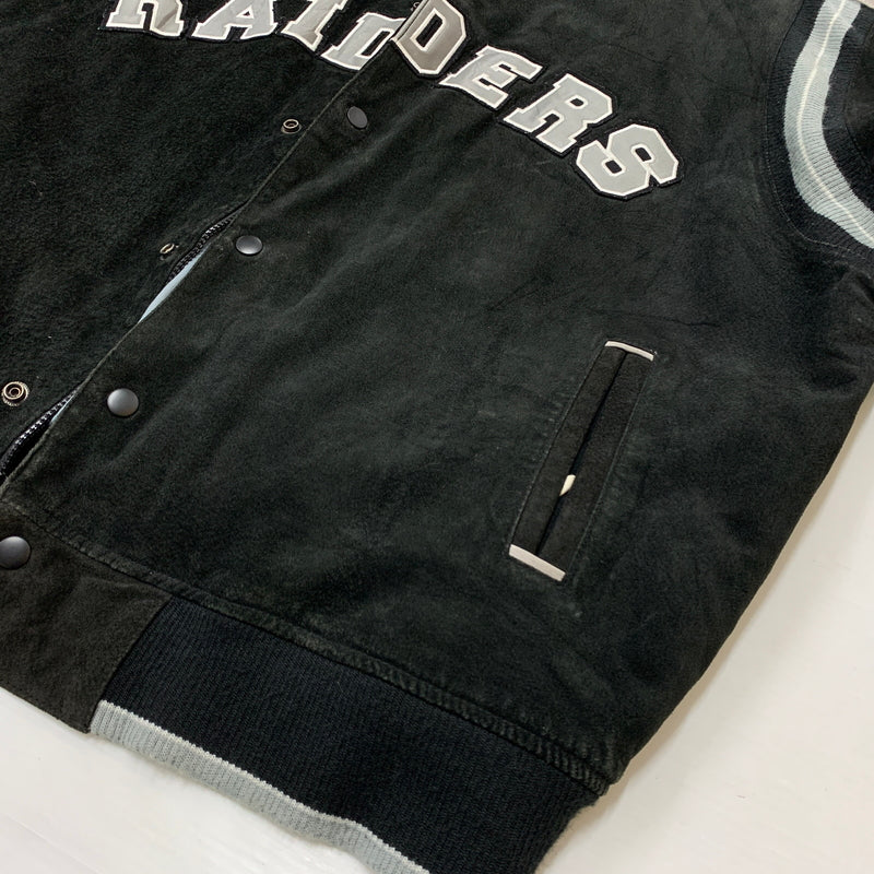 【現状渡し品】【メンズ】 NFL エヌエフエル RAIDERS SUEDE LEATHER STADIUM JACKET ライダース スウェードレザー スタジャン アウター 145-260710-sa-16-tei サイズ：XXL カラー：ブラック 万代Net店