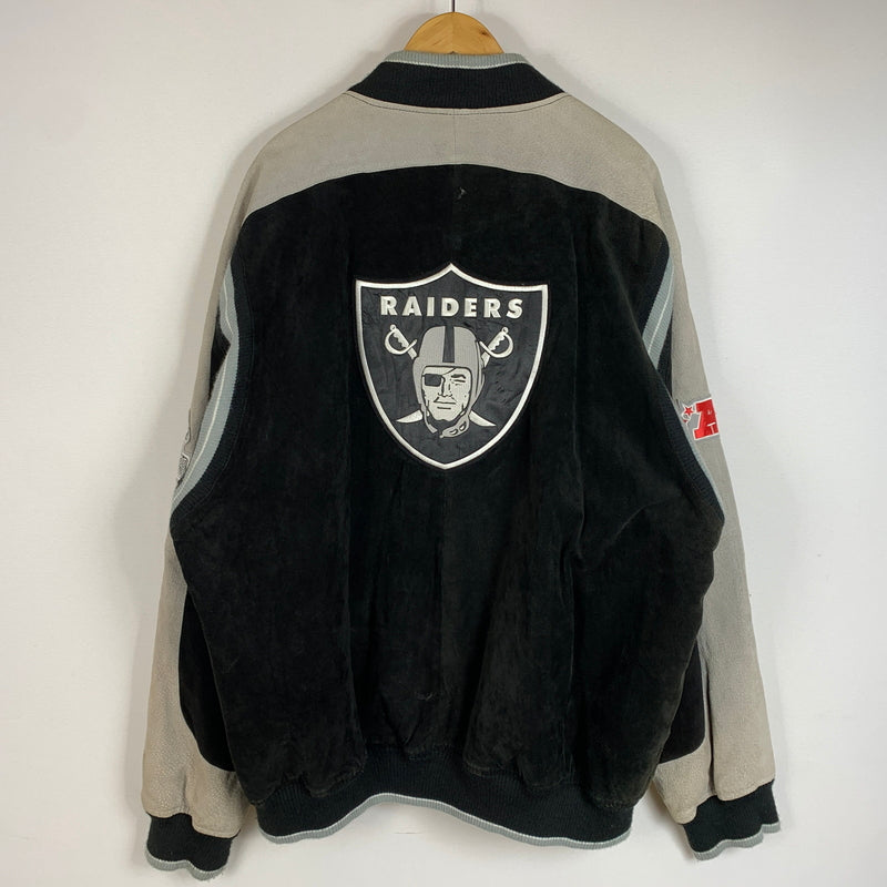 【現状渡し品】【メンズ】 NFL エヌエフエル RAIDERS SUEDE LEATHER STADIUM JACKET ライダース スウェードレザー スタジャン アウター 145-260710-sa-16-tei サイズ：XXL カラー：ブラック 万代Net店