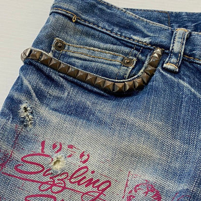 【中古品】【メンズ】 HYSTERIC GLAMOUR ヒステリック グラマー DESTROY ALL MONSTERS DENIM PANTS デストロイ オール モンスターズ ボトムス デニム ジーンズ 171-260712-sa-08-tei サイズ：XS カラー：インディゴ 万代Net店