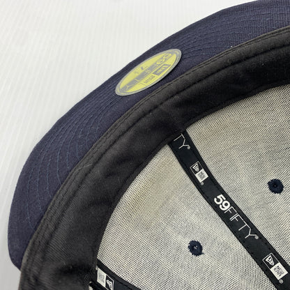 【中古品】【メンズ】 SUPREME シュプリーム × NEW ERA ニューエラ 別注コラボ 19SS TEXT STRIPE CAP テキスト ストライプ キャップ 帽子 149-260730-yo-03-tei サイズ：7 1/2 カラー：ネイビー 万代Net店