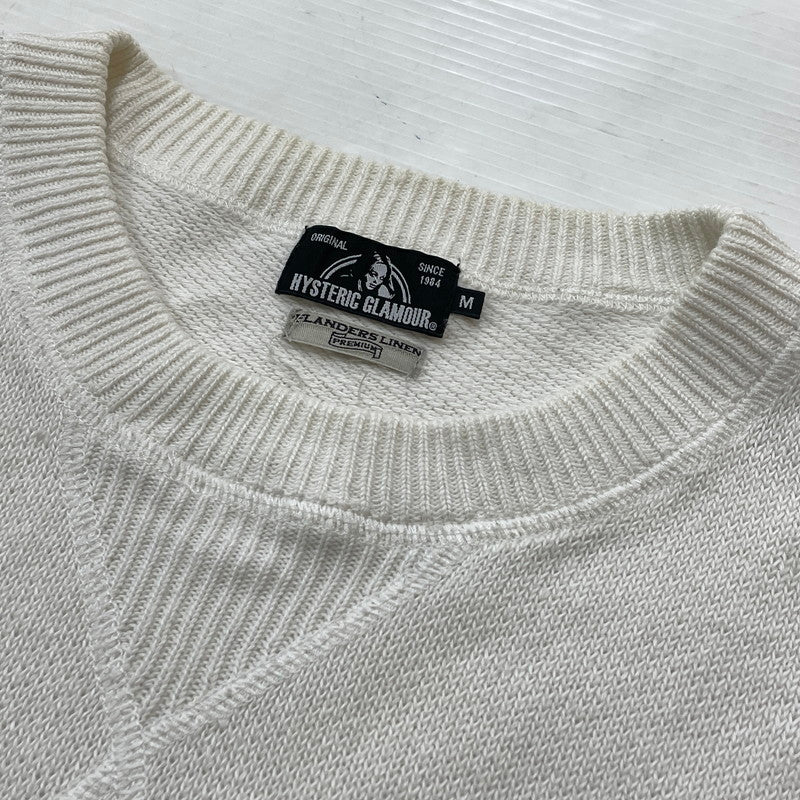 【中古品】【メンズ】 HYSTERIC GLAMOUR ヒステリックグラマー GIRL WOMAN LOGO STRETCH LINEN COTTON KNIT 02171NS04 ガール ウーマン ロゴ ストレッチ リネンコットン ニット トップス 140-260719-sa-04-tei サイズ：M カラー：ホワイト 万代Net店