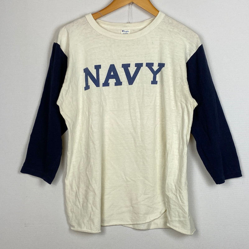 【現状渡し品】【メンズ】 CAHMPION チャンピオン 80's VINTAGE BASEBALL TEE "NAVY" 80年代 ヴィンテージ ベースボール Tシャツ ネイビー 半袖 トップス 145-260803-sa-14-tei サイズ：L カラー：ホワイト 万代Net店