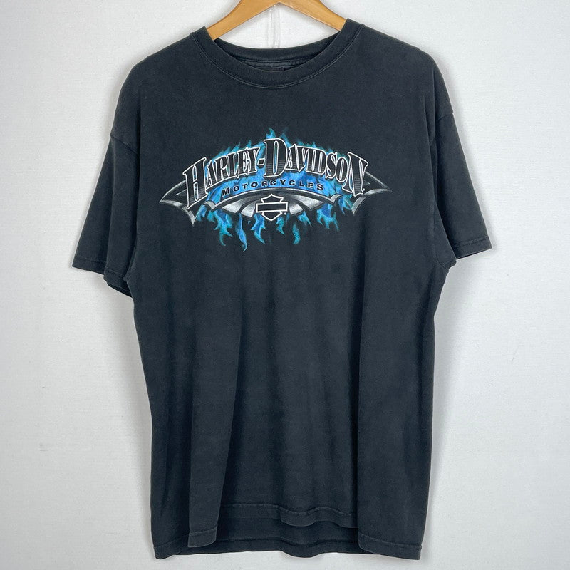 【中古品】【メンズ】 HANES HARLEY DAVIDSON ヘインズ ハーレー ダビッドソン BLUE FIRE LOGO "BACK THUNDER" TEE ブルー ファイヤー ロゴ ブラック サンダー Tシャツ 半袖 トップス 145-260811-sa-10-tei サイズ：XL カラー：ブラック 万代Net店