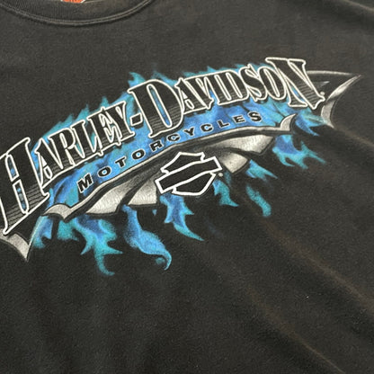 【中古品】【メンズ】 HANES HARLEY DAVIDSON ヘインズ ハーレー ダビッドソン BLUE FIRE LOGO "BACK THUNDER" TEE ブルー ファイヤー ロゴ ブラック サンダー Tシャツ 半袖 トップス 145-260811-sa-10-tei サイズ：XL カラー：ブラック 万代Net店