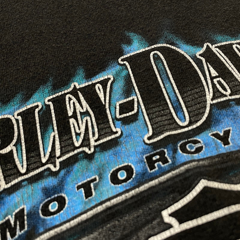 【中古品】【メンズ】 HANES HARLEY DAVIDSON ヘインズ ハーレー ダビッドソン BLUE FIRE LOGO "BACK THUNDER" TEE ブルー ファイヤー ロゴ ブラック サンダー Tシャツ 半袖 トップス 145-260811-sa-10-tei サイズ：XL カラー：ブラック 万代Net店