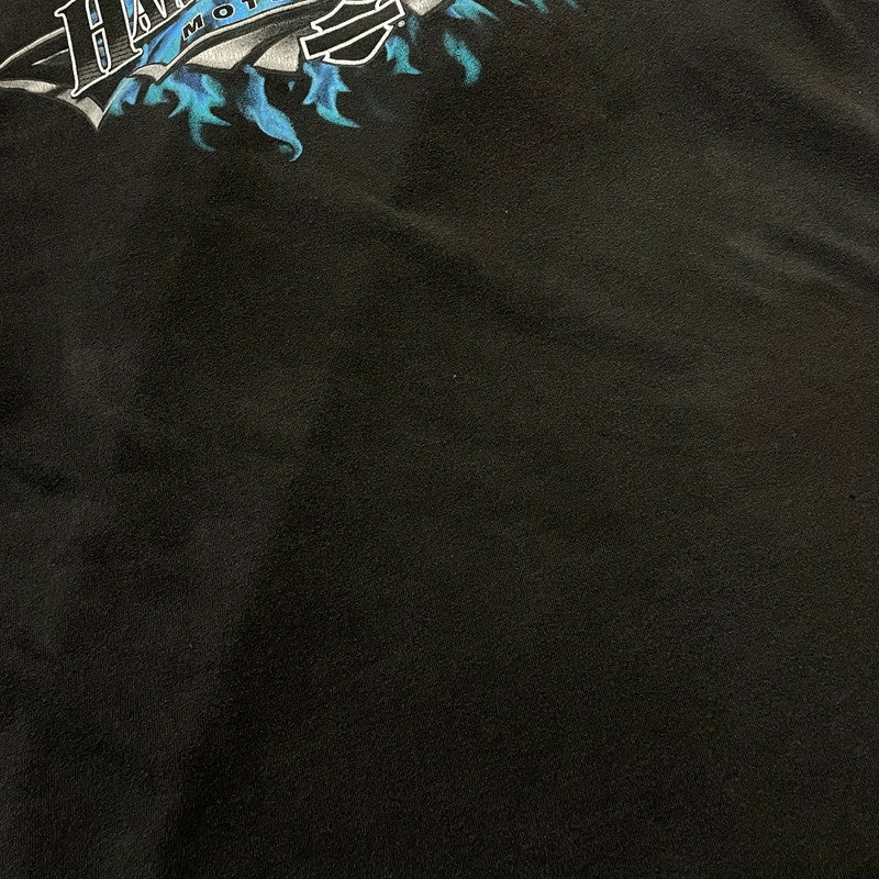 【中古品】【メンズ】 HANES HARLEY DAVIDSON ヘインズ ハーレー ダビッドソン BLUE FIRE LOGO "BACK THUNDER" TEE ブルー ファイヤー ロゴ ブラック サンダー Tシャツ 半袖 トップス 145-260811-sa-10-tei サイズ：XL カラー：ブラック 万代Net店