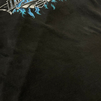 【中古品】【メンズ】 HANES HARLEY DAVIDSON ヘインズ ハーレー ダビッドソン BLUE FIRE LOGO "BACK THUNDER" TEE ブルー ファイヤー ロゴ ブラック サンダー Tシャツ 半袖 トップス 145-260811-sa-10-tei サイズ：XL カラー：ブラック 万代Net店