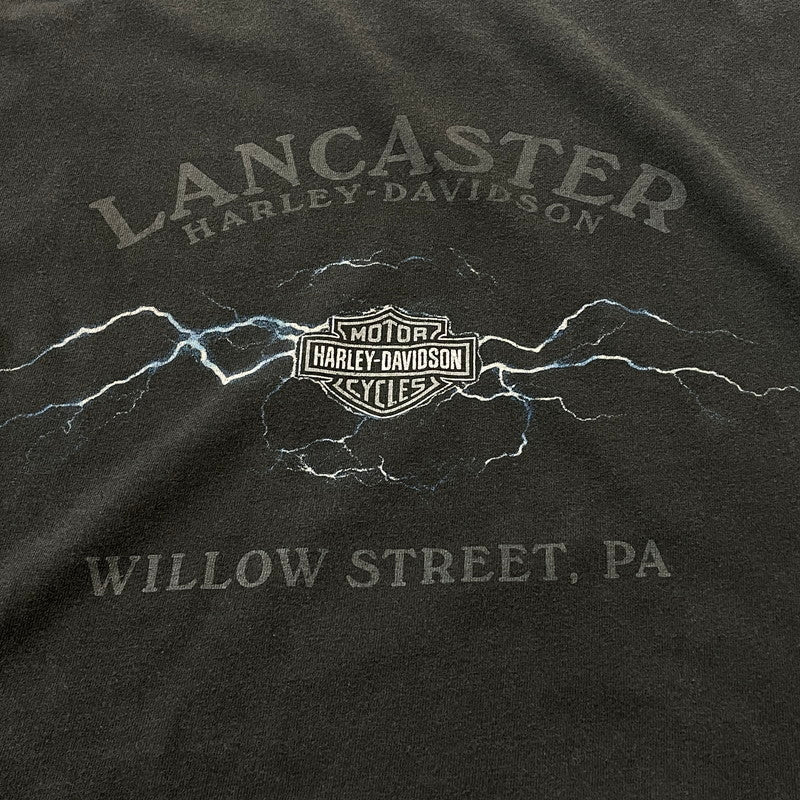 【中古品】【メンズ】 HANES HARLEY DAVIDSON ヘインズ ハーレー ダビッドソン BLUE FIRE LOGO "BACK THUNDER" TEE ブルー ファイヤー ロゴ ブラック サンダー Tシャツ 半袖 トップス 145-260811-sa-10-tei サイズ：XL カラー：ブラック 万代Net店