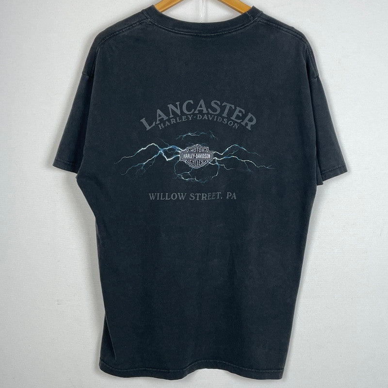 【中古品】【メンズ】 HANES HARLEY DAVIDSON ヘインズ ハーレー ダビッドソン BLUE FIRE LOGO "BACK THUNDER" TEE ブルー ファイヤー ロゴ ブラック サンダー Tシャツ 半袖 トップス 145-260811-sa-10-tei サイズ：XL カラー：ブラック 万代Net店