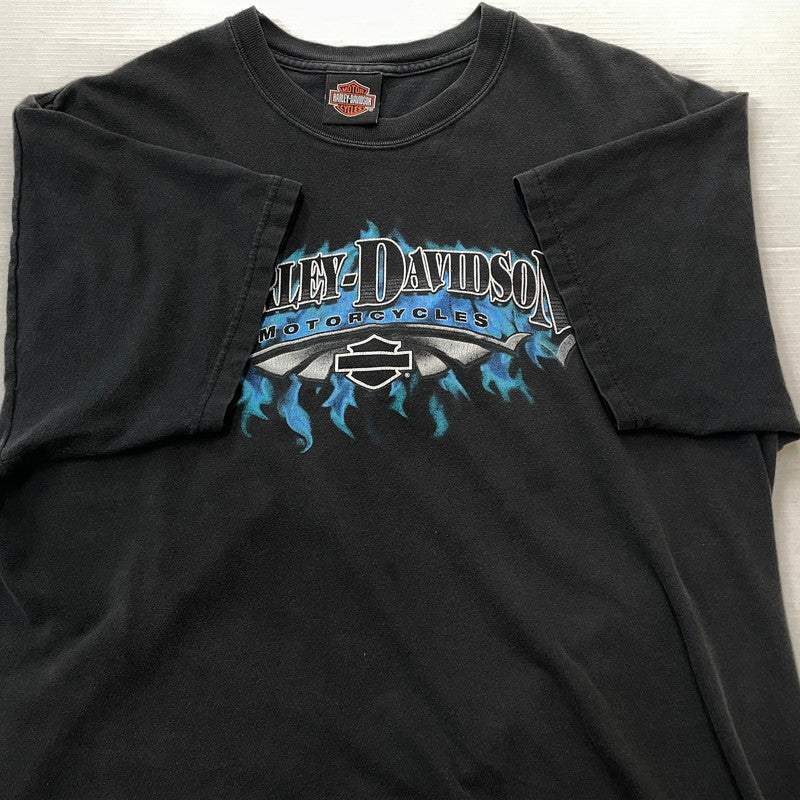 【中古品】【メンズ】 HANES HARLEY DAVIDSON ヘインズ ハーレー ダビッドソン BLUE FIRE LOGO "BACK THUNDER" TEE ブルー ファイヤー ロゴ ブラック サンダー Tシャツ 半袖 トップス 145-260811-sa-10-tei サイズ：XL カラー：ブラック 万代Net店