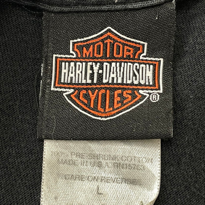 【中古品】【メンズ】 HANES HARLEY DAVIDSON ヘインズ ハーレー ダビッドソン BLUE FIRE LOGO "BACK THUNDER" TEE ブルー ファイヤー ロゴ ブラック サンダー Tシャツ 半袖 トップス 145-260811-sa-10-tei サイズ：XL カラー：ブラック 万代Net店