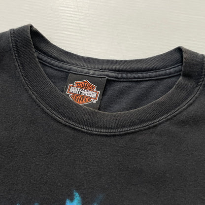 【中古品】【メンズ】 HANES HARLEY DAVIDSON ヘインズ ハーレー ダビッドソン BLUE FIRE LOGO "BACK THUNDER" TEE ブルー ファイヤー ロゴ ブラック サンダー Tシャツ 半袖 トップス 145-260811-sa-10-tei サイズ：XL カラー：ブラック 万代Net店