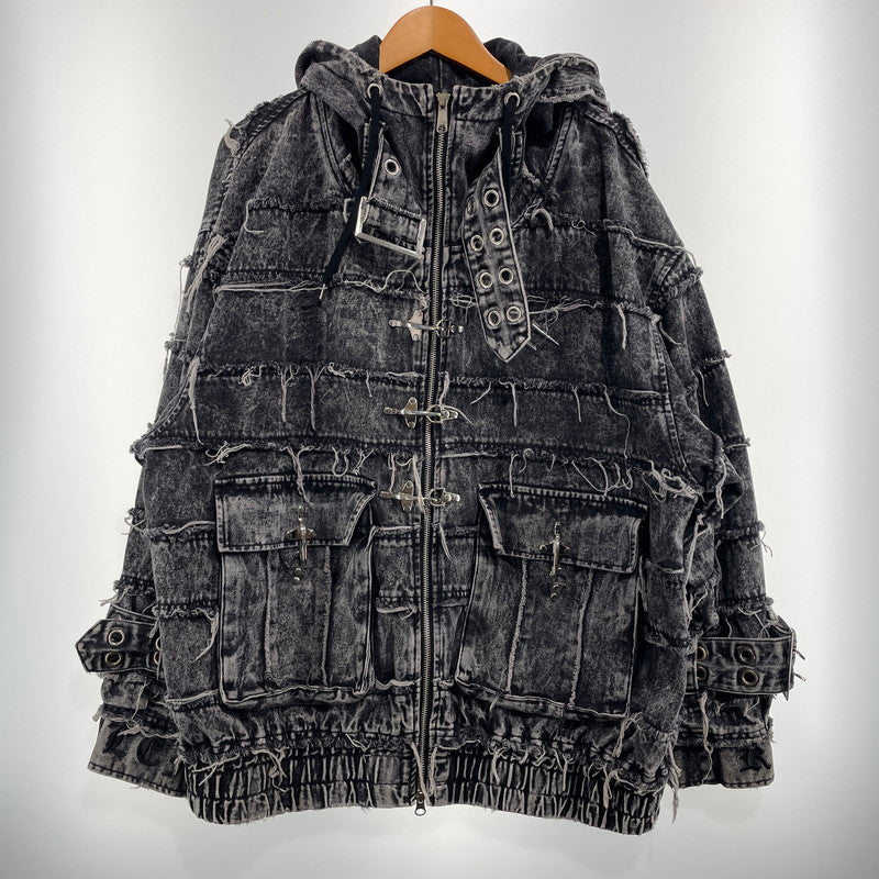 【中古品】【メンズ】 REFLEM レフレム HIGH NECK DENIM ZIP UP HOODIE WITH PATCHWORK BELT RF25-H10 ツギハギベルト付き ハイネック デニムジップパーカー アウター フーディー 147-260905-ss-06-teih サイズ：FREE カラー：ブラック 万代Net店