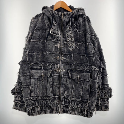 【中古品】【メンズ】 REFLEM レフレム HIGH NECK DENIM ZIP UP HOODIE WITH PATCHWORK BELT RF25-H10 ツギハギベルト付き ハイネック デニムジップパーカー アウター フーディー 147-260905-ss-06-teih サイズ：FREE カラー：ブラック 万代Net店