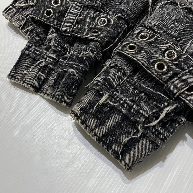 【中古品】【メンズ】 REFLEM レフレム HIGH NECK DENIM ZIP UP HOODIE WITH PATCHWORK BELT RF25-H10 ツギハギベルト付き ハイネック デニムジップパーカー アウター フーディー 147-260905-ss-06-teih サイズ：FREE カラー：ブラック 万代Net店