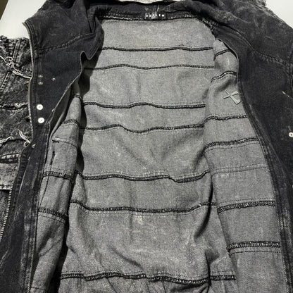 【中古品】【メンズ】 REFLEM レフレム HIGH NECK DENIM ZIP UP HOODIE WITH PATCHWORK BELT RF25-H10 ツギハギベルト付き ハイネック デニムジップパーカー アウター フーディー 147-260905-ss-06-teih サイズ：FREE カラー：ブラック 万代Net店