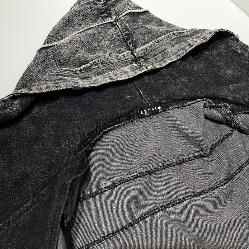 【中古品】【メンズ】 REFLEM レフレム HIGH NECK DENIM ZIP UP HOODIE WITH PATCHWORK BELT RF25-H10 ツギハギベルト付き ハイネック デニムジップパーカー アウター フーディー 147-260905-ss-06-teih サイズ：FREE カラー：ブラック 万代Net店