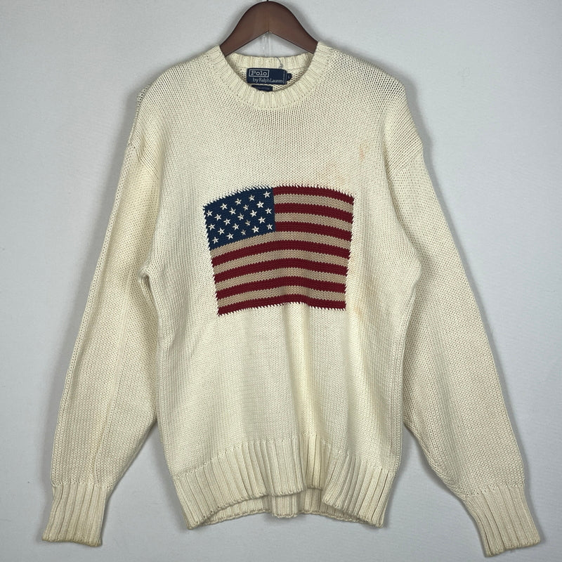 【現状渡し品】【メンズ】 POLO RALPH LAUREN ポロ ラルフローレン 90’s THE STARS＆STRIPES KNIT 90年代 ザ スターズ アンド ストライプ ニット 長袖 トップス 145-260913-sa-01-teih サイズ：L カラー：アイボリー 万代Net店
