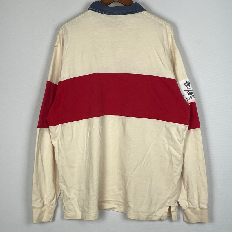 【現状渡し品】【メンズ】 POLO RALPH LAUREN ポロ ラルフ ローレン 90's LAGER L/S SHIRT 90年代 ラガー ロングリーブ シャツ 長袖 トップス 145-260913-sa-04-teih サイズ：L カラー：アイボリー×レッド 万代Net店