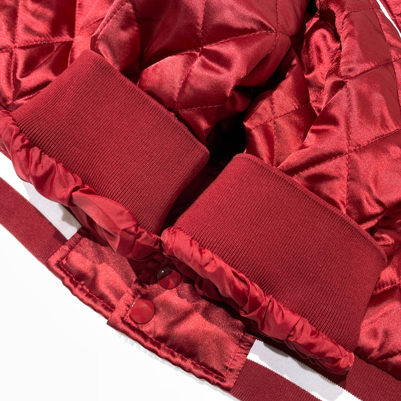 【中古品】【メンズ】 SUPREME シュプリーム × CHAMPION チャンピオン 別注コラボ 26AW QUILTED SATIN VARSITY JACKET 2026年秋冬 キルテッド サテン パーシティ ジャケット アウター 149-261004-sa-26-teih サイズ：XXL カラー：レッド 万代Net店