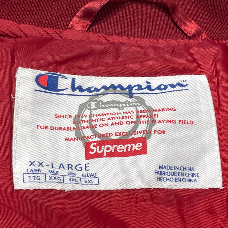 【中古品】【メンズ】 SUPREME シュプリーム × CHAMPION チャンピオン 別注コラボ 26AW QUILTED SATIN VARSITY JACKET 2026年秋冬 キルテッド サテン パーシティ ジャケット アウター 149-261004-sa-26-teih サイズ：XXL カラー：レッド 万代Net店