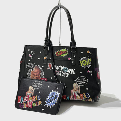 【中古品】【レディース】 HYSTERIC GLAMOUR ヒステリックグラマー STICKER REVERSIBLE TOTE BAG ステッカー柄 リバーシブル トートバッグ カバン 188-261009-yo-06-teih カラー：ブラック 万代Net店