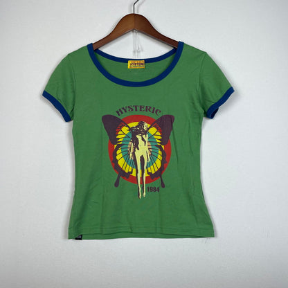 【中古品】【レディース】 HYSTERIC GLAMOUR ヒステリックグラマー HYSTERIC BUTTERFLY RINGER BABY TEE 01241CT23 ヒステリック バタフライ リンガーチビTシャツ 168-261014-ss-01-teih サイズ：F カラー：グリーン 万代Net店