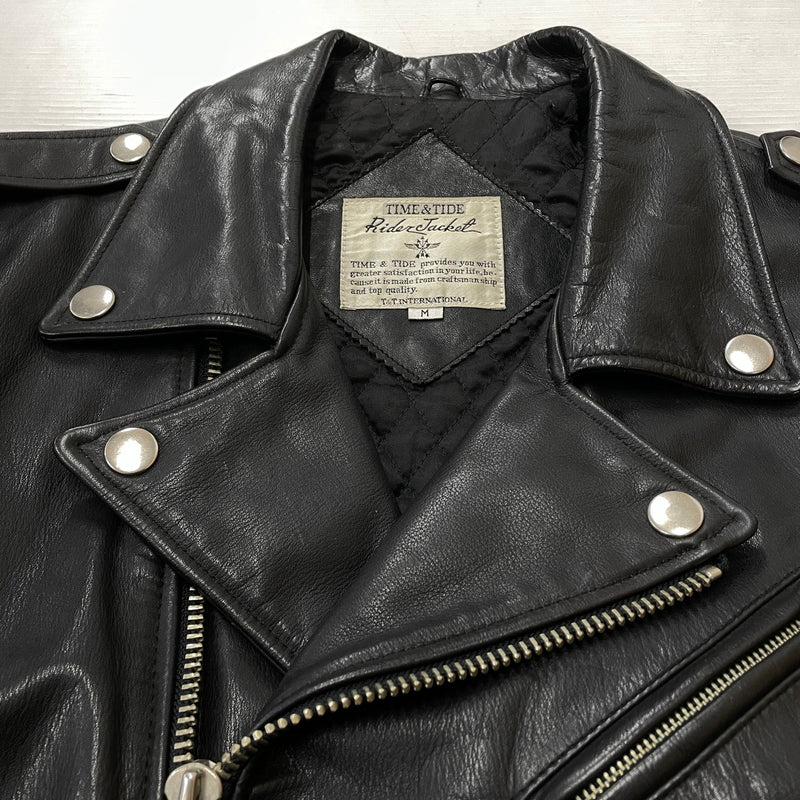 【現状渡し品】【メンズ】 TIME&TIDE タイム アンド タイド COW LEATHER DOUBLE JACKET カウ レザー ダブル ジャケット アウター 145-261011-sa-01-teih サイズ：M カラー：ブラック 万代Net店