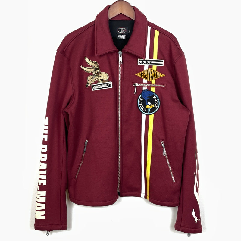 【中古品】【メンズ】 THE BRAVE MAN ザ ブレイブマン × LOONEY TUNES ルーニー テューンズ 別注コラボ WILE E. COYOTE RIDERS JACKET ワイリー コヨーテ ボンディング ライダース ジャケット アウター 145-261018-sa-06-teih サイズ：XL カラー：ワインレッド 万代Net店