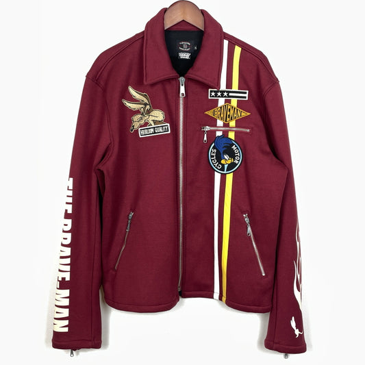 【中古品】【メンズ】 THE BRAVE MAN ザ ブレイブマン × LOONEY TUNES ルーニー テューンズ 別注コラボ WILE E. COYOTE RIDERS JACKET ワイリー コヨーテ ボンディング ライダース ジャケット アウター 145-261018-sa-06-teih サイズ：XL カラー：ワインレッド 万代Net店