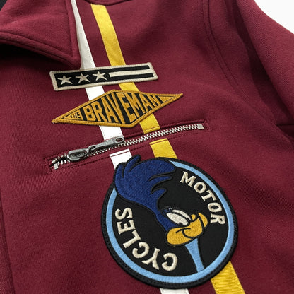 【中古品】【メンズ】 THE BRAVE MAN ザ ブレイブマン × LOONEY TUNES ルーニー テューンズ 別注コラボ WILE E. COYOTE RIDERS JACKET ワイリー コヨーテ ボンディング ライダース ジャケット アウター 145-261018-sa-06-teih サイズ：XL カラー：ワインレッド 万代Net店