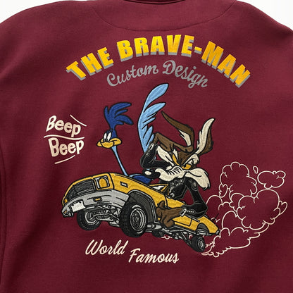 【中古品】【メンズ】 THE BRAVE MAN ザ ブレイブマン × LOONEY TUNES ルーニー テューンズ 別注コラボ WILE E. COYOTE RIDERS JACKET ワイリー コヨーテ ボンディング ライダース ジャケット アウター 145-261018-sa-06-teih サイズ：XL カラー：ワインレッド 万代Net店