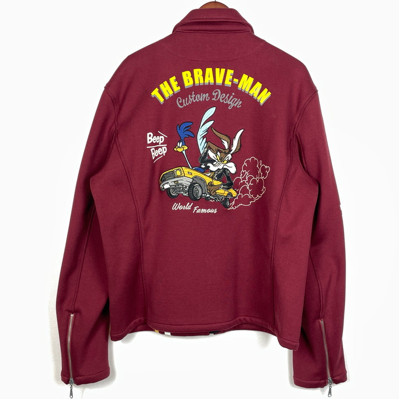 【中古品】【メンズ】 THE BRAVE MAN ザ ブレイブマン × LOONEY TUNES ルーニー テューンズ 別注コラボ WILE E. COYOTE RIDERS JACKET ワイリー コヨーテ ボンディング ライダース ジャケット アウター 145-261018-sa-06-teih サイズ：XL カラー：ワインレッド 万代Net店